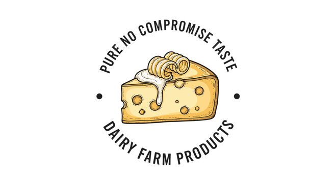 Vintage style logo design for dairy farm products featuring a wedge of holey cheese topped with a curl of fresh yellow butter.