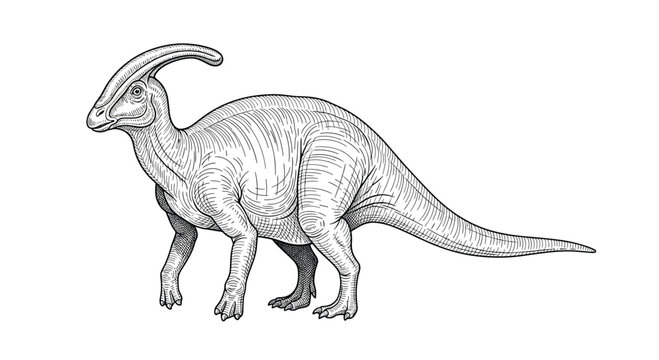 Detailed black and white engraving style illustration of a Parasaurolophus dinosaur isolated on a white background.