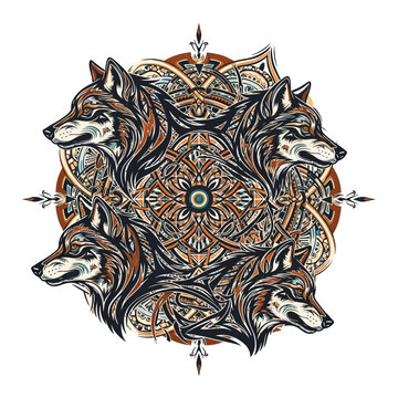Intricate mandala design featuring multiple wolf heads