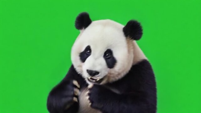 Close-up portrait of giant panda covering eyes with paws against vibrant green background
