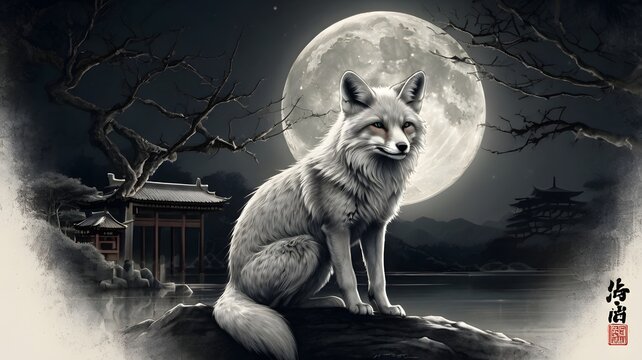 Mystical Gray Fox Sitting by Water Under Full Moon in Traditional Asian Landscape