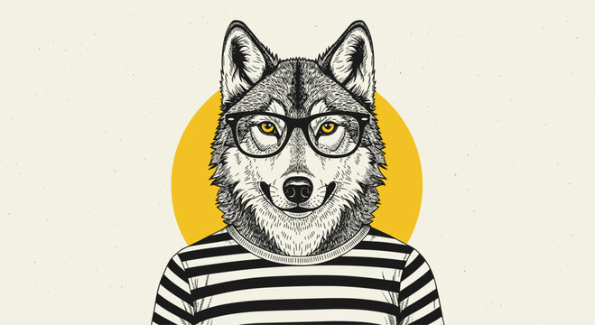 Artistic illustration of a cool wolf character wearing glasses and a striped shirt in front of a yellow circle.