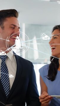 Vertical video: HUD appearing as two colleagues holding plates, laughing, visualizing network