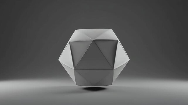 Minimalist 3D monochrome geometric polyhedron inflating and deflating on a clean gray background