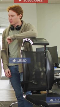 Vertical video: Office worker tapping wrist causing social badges over chair, checking metrics