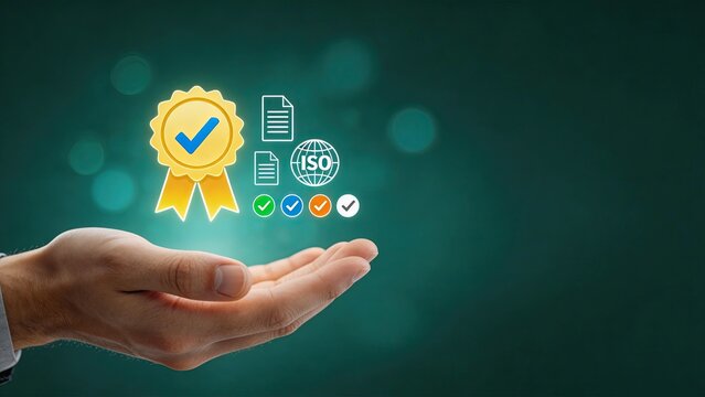 Hand holding golden quality badge with ISO certification icons documents and checkmarks on green bokeh background symbolizing business success compliance and professional