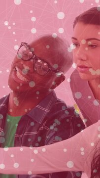 Vertical video: 3 friends leaning to arm reaching phone, smiling under dotted overlay for social