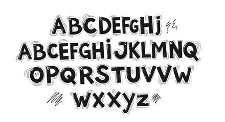 Fototapeta premium Complete set of uppercase letters from A to Z hand-drawn in a bold black marker style with decorative lines and scribble accents on white.