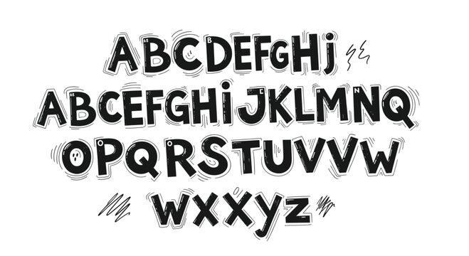 Complete set of uppercase letters from A to Z hand-drawn in a bold black marker style with decorative lines and scribble accents on white.