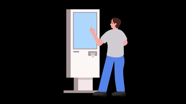 A 2D flat vector animation of a man touching a self-service kiosk screen as a receipt prints out.