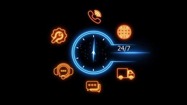 24/7 sign glowing neon icons on a technology background. 4k video animation stock