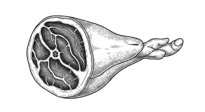 Detailed black and white engraving of a large leg of meat showing muscle structure, bone, and internal textures in a classic vintage style.