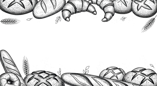 Horizontal border filled with detailed black and white sketches of various breads like baguettes, croissants, buns, and loaves with wheat stalks.