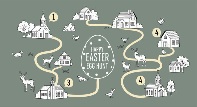 Fun illustrative map for an Easter egg hunt showing a path through a village with houses, churches, animals, and a large egg in the center.