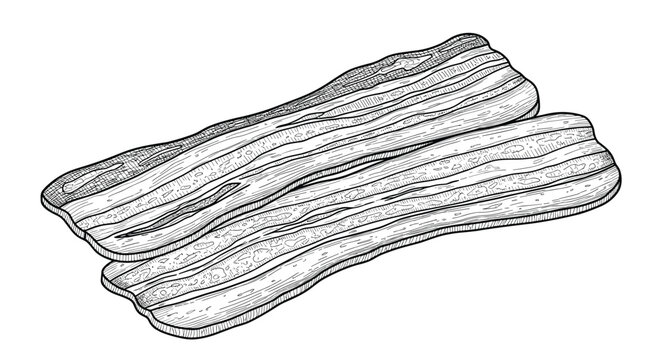 Detailed hand-drawn engraving of two delicious bacon slices showing meat and fat layers isolated on a plain white background.