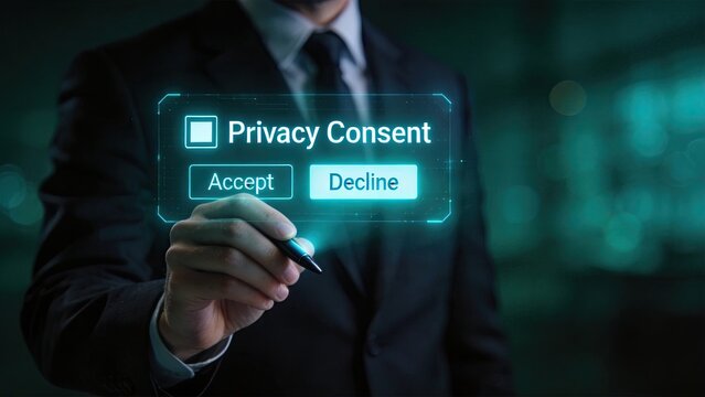Businessman selecting privacy consent on digital interfaceaccept or decline data protection optionsmodern cybersecurity concept with futuristic technology screencorporate