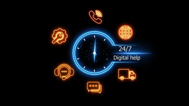 24/7 digital help sign glowing neon icons on a technology background. 4k video animation stock