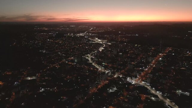 Drone footage of beautiful sunset in the city of Chapec&oacute;. Skyline. Evening.