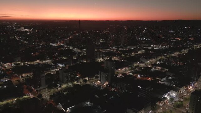 Drone footage of beautiful sunset in the city of Chapec&oacute;. Skyline. Evening.