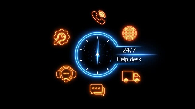24/7 help desk sign glowing neon icons on a technology background. 4k video animation stock