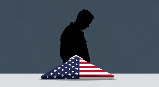 Silhouette of a man kneeling on an american flag draped coffin in dark room