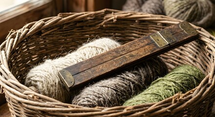 Obraz premium Vintage Wooden Folding Ruler and Yarn Spools in Wicker Basket for Handicraft