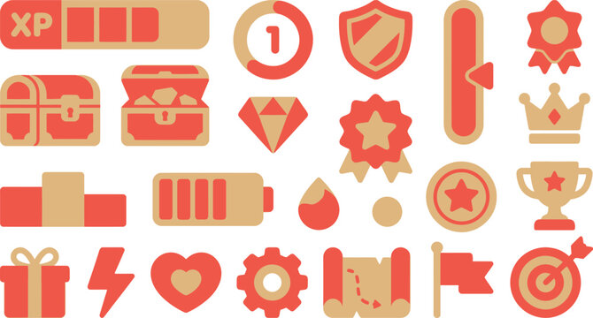 Collection of cartoon-style gaming icons, featuring progress bars, rewards, power-ups, and adventure elements.