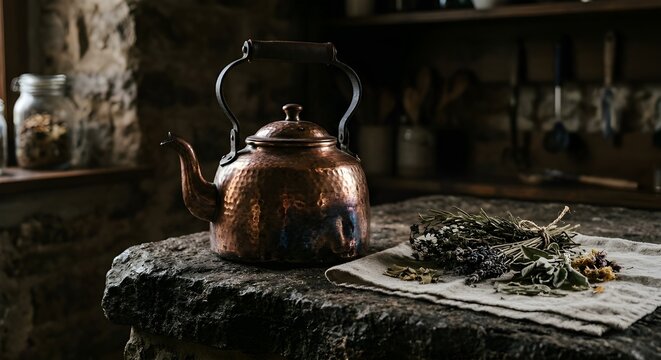 Hammered copper kettle on stone countertop with dried herbs and rustic kitchen interior