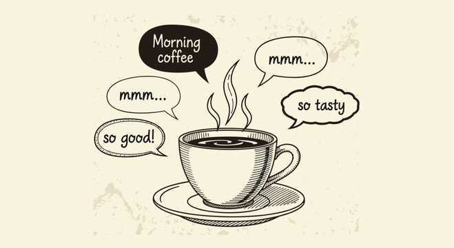 Charming hand-drawn illustration of a steaming cup of coffee surrounded by speech bubbles with positive coffee-related phrases.
