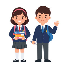 Fototapeta premium Two smiling children with backpacks and books ready for school