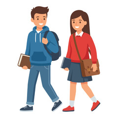 Fototapeta premium Cartoon boy and girl students walking with backpacks and books