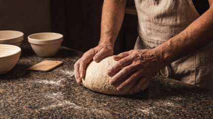 Fototapeta premium Artisanal Baker Hands Kneading Fresh Dough on Dark Stone Surface