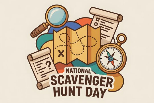 national scavenger hunt day vector illustration with map and tools