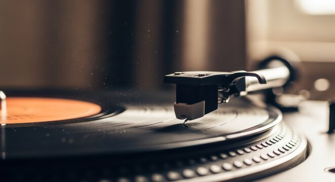 Close-up of a vintage vinyl record player needle on a spinning black record.