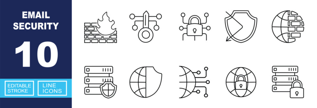 Email Security icon set. Includes network firewall, encrypted key, secure server, global data protection, cyber shield, locked communication. Editable stroke line icons.