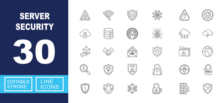 Advanced Server Security and Infrastructure Protection. Includes Encrypted Database, Biometric User Access, Cloud Firewall, Secure Server Node, Network Surveillance. Editable stroke line icons.