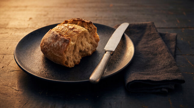 Minimalist Rustic Torn Bread on Dark Ceramic Plate with Knife