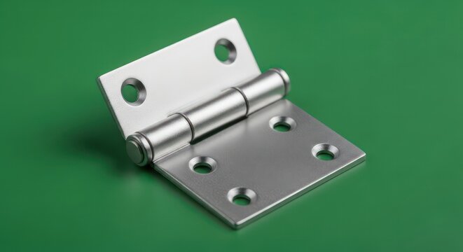 Close-up of a new metal hinge on a green background.