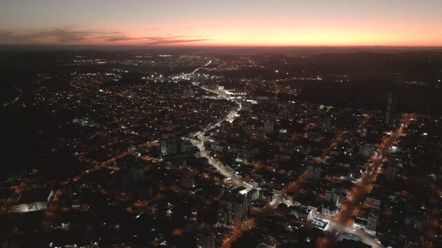 Drone footage of beautiful sunset in the city of Chapec&oacute;. Skyline. Evening.