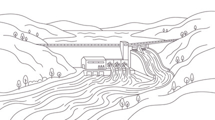 Fototapeta premium Hydroelectric dam generating renewable energy in a mountainous landscape.
