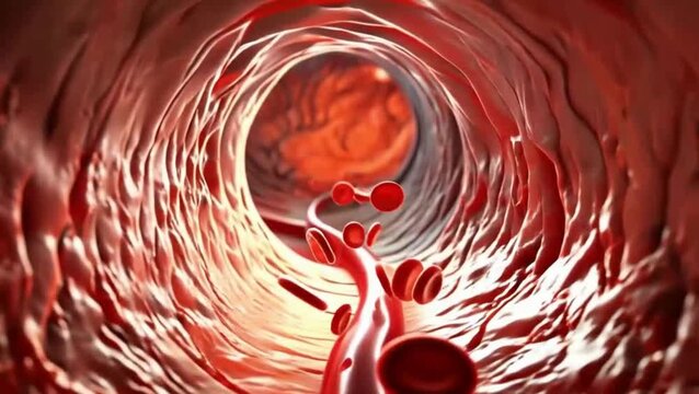 Red blood cells flowing through a human artery in this dynamic medical science motion animation video digital render background