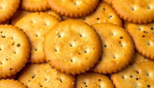 Close-up of golden, round, salted crackers with pepper specks
