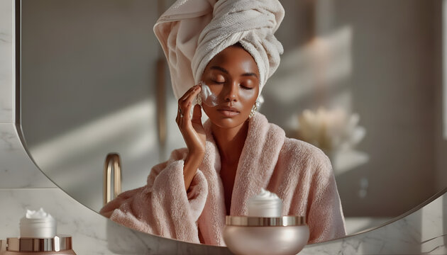 Beautiful woman with a towel on her head gently applies luxurious face cream, illuminated by soft golden hour light, symbolizing self-care and beauty routine.