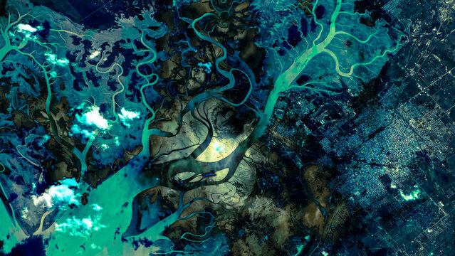 Aerial View of River Delta and Urban Landscape with Abstract Natural Patterns