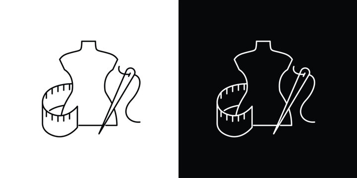 Fashion mannequin with needle, thread, and measuring tape - a minimalist line art icon representing tailoring, sewing, and dressmaking services and crafts