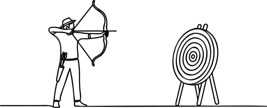 Man in hat aiming bow and arrow at target board