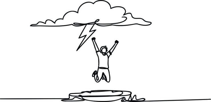 Man jumping up with arms raised under stormy weather cloud with lightning