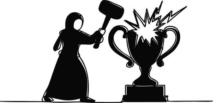 Woman hitting trophy with hammer making it explode violently