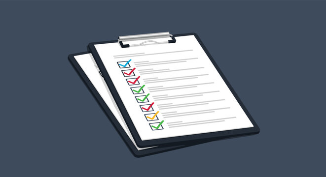 Professional clipboard contains a checklist with multiple items marked by various colored checkmarks on a dark background.