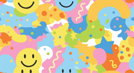 Fototapeta premium A cheerful, abstract collage featuring smiling faces and colorful shapes